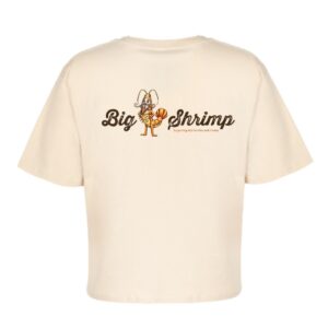 A cream colored t-shirt with the words " big shrimp ".