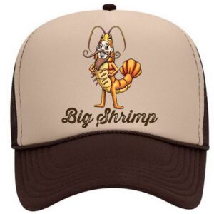 A brown and beige hat with an image of a shrimp.