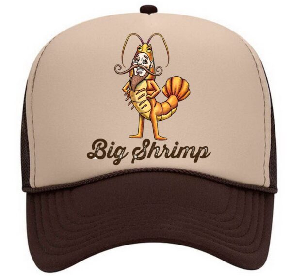 A brown and beige hat with an image of a shrimp.