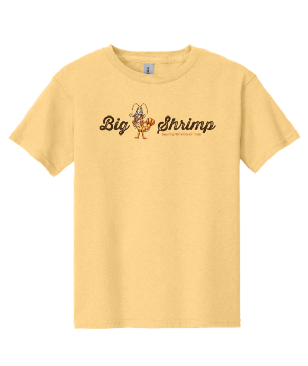 A yellow t-shirt with the words big shrimp written in brown.