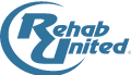 A blue logo of rehab united with the words rehabunite underneath it.